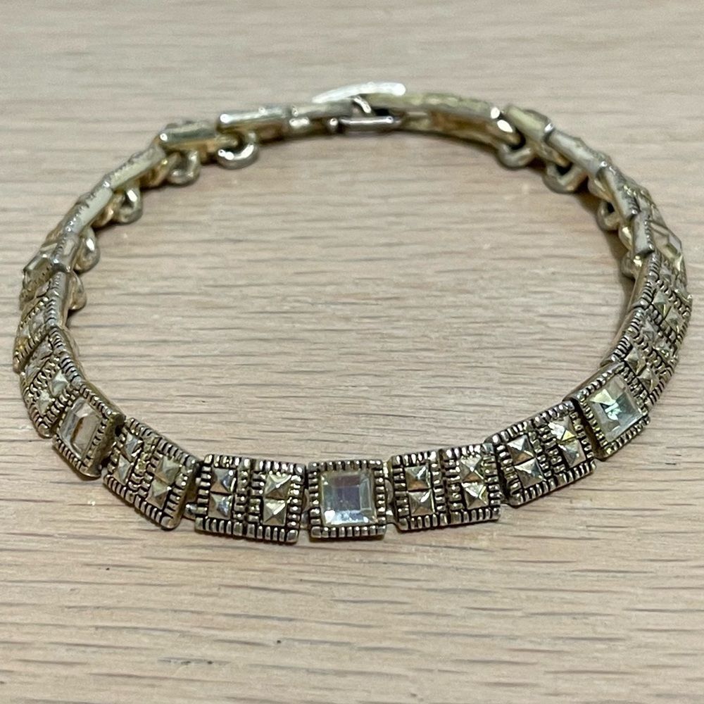 Vintage Inspired Art Deco Bracelet 7" Square Faceted Gold Tone Clear Rhinestones